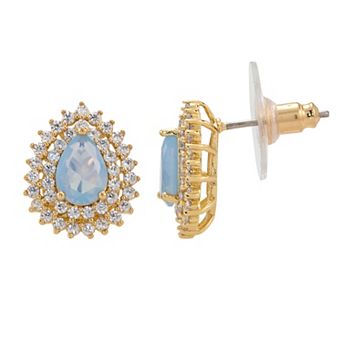 Brilliance Gold Tone Cubic Zirconia & Blue Crystal Pear Halo Stud Earrings