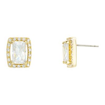 Brilliance Gold Tone Cubic Zirconia & Crystal Emerald Cut Halo Stud Earrings