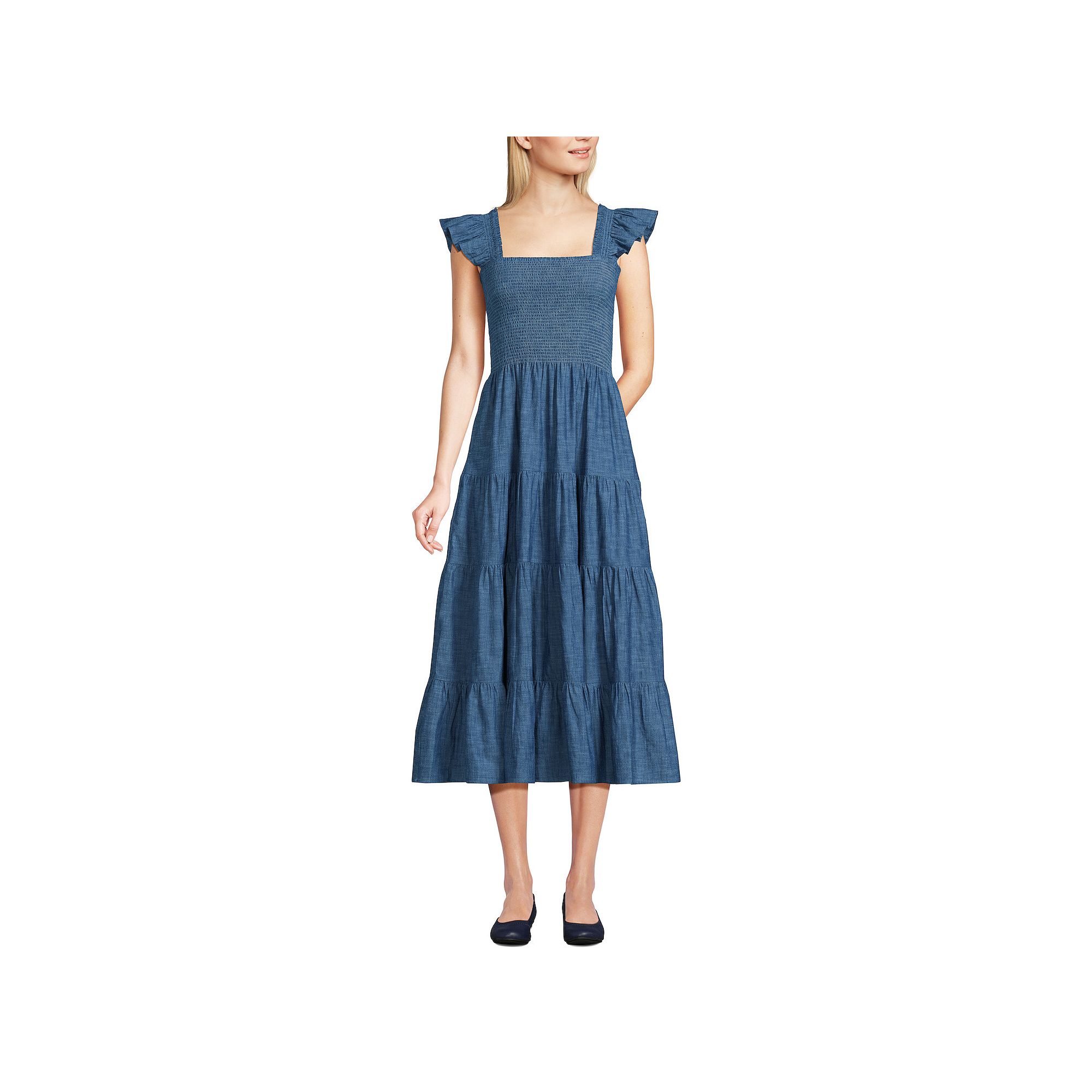 Womens Lands End Chambray Smocked Ruffle Shoulder Midi Dress, Size: XS, B