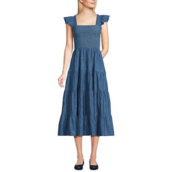 Women's Lands' End Chambray Smocked Ruffle Shoulder Midi Dress