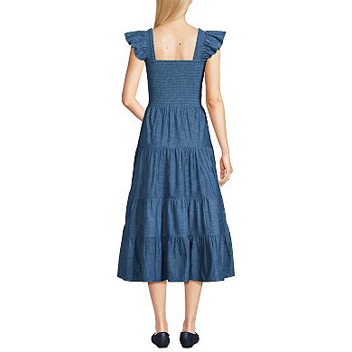 Women's Lands' End Chambray Smocked Ruffle Shoulder Midi Dress