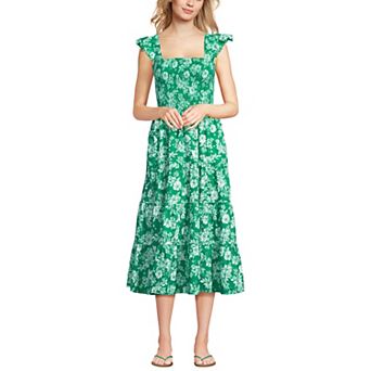 Women's Lands' End Cotton Dobby Smocked Ruffle Shoulder Midi Dress