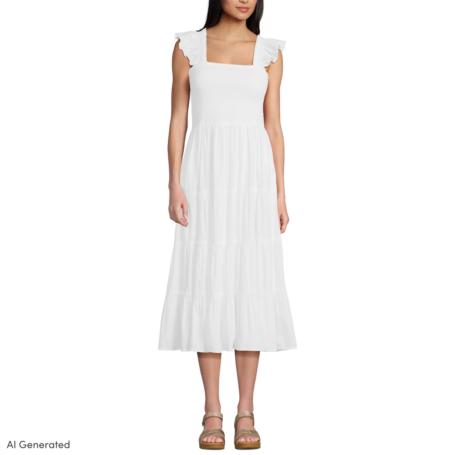 lands' end women's cotton dobby smocked dress with ruffle straps Women's Smocked Cotton Dobby Midi Puff Sleeve Dress