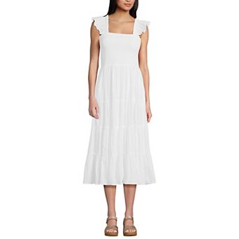 Women's Lands' End Cotton Dobby Smocked Ruffle Shoulder Midi Dress