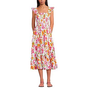Women's Lands' End Cotton Dobby Smocked Ruffle Shoulder Midi Dress