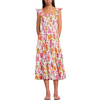 Women's Lands' End Cotton Dobby Smocked Ruffle Shoulder Midi Dress