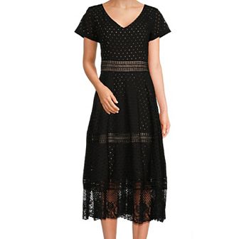 Women's Focus By Shani Cotton Eyelet Midi Dress with Lace Insets