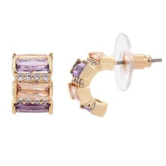 Brilliance Gold Tone Cubic Zirconia, Pink Crystal & Purple Crystal Huggie Earrings