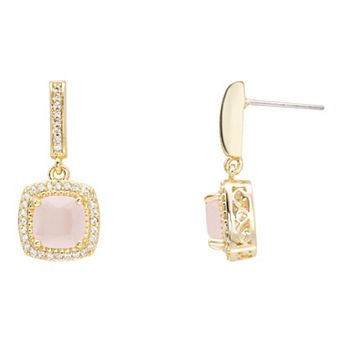 Brilliance Gold Tone Cubic Zirconia & Pink Crystal Cushion Drop Earrings