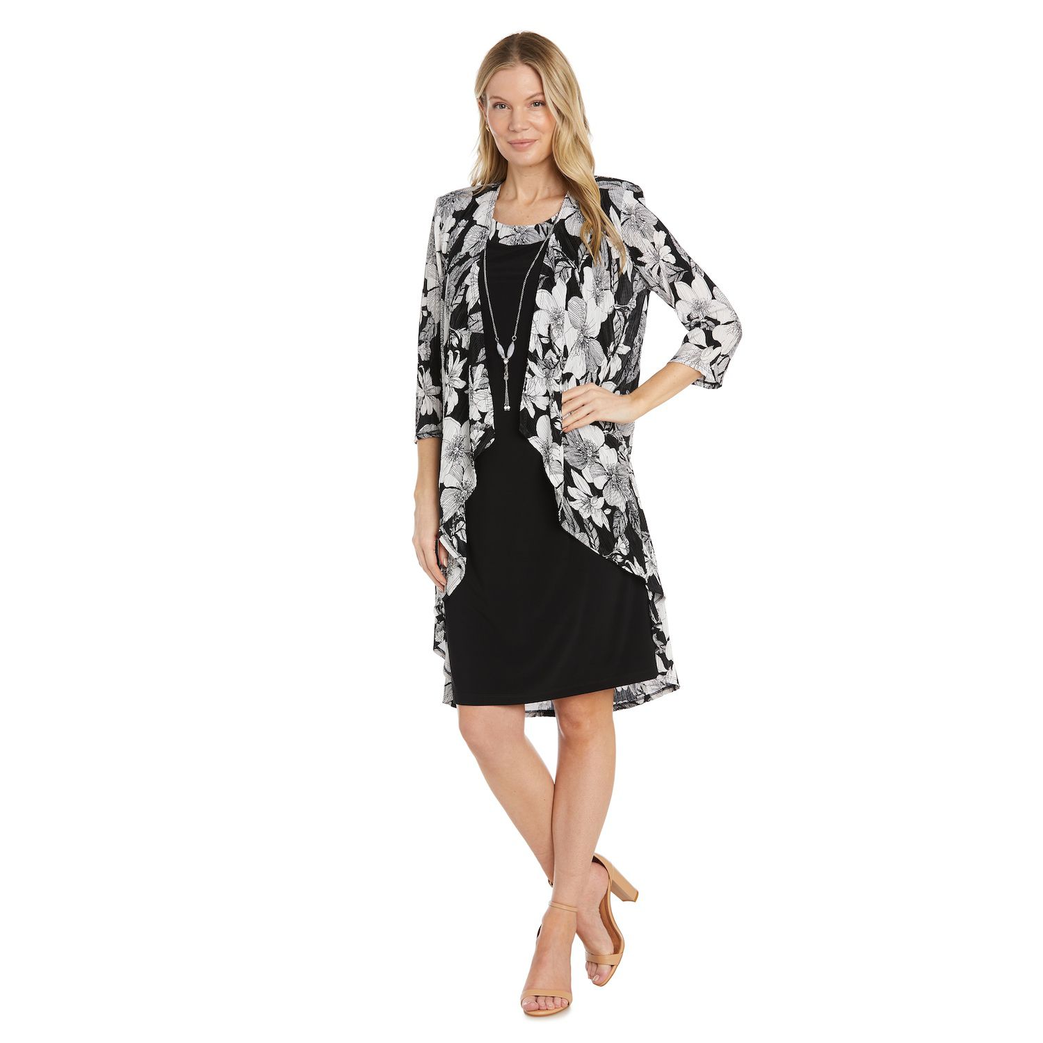 Petite R&M Richards Floral Print High-Low Cardigan Jacket & A-Line Dress  with Detachable Necklace