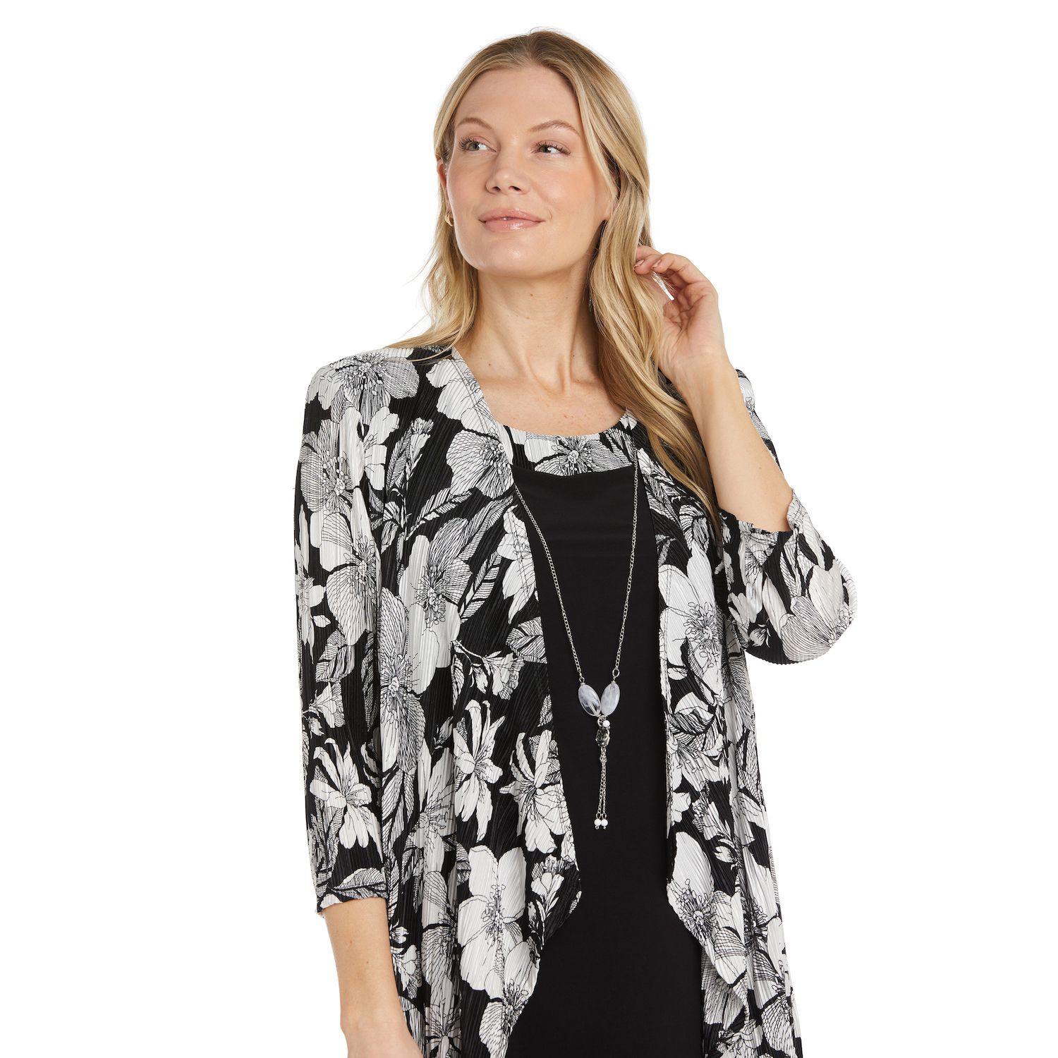 Petite R&M Richards Floral Print High-Low Cardigan Jacket & A-Line Dress  with Detachable Necklace