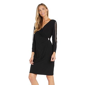 Petite R&M Richards Sheer Window Sleeve Faux Wrap V-Neck Dress