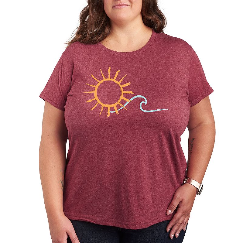Plus Brushstroke Sun And Wave Graphic Tee, Women's, Size: 2XL, Grey Dark Red