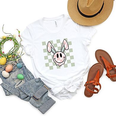 Checkered Smiley Face Bunny Short Sleeve Graphic Tee