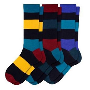 Men's Colorful Socks, Combed Cotton Rugby Pattern (3 Pair Packs; Olympian Blue/Burgundy/Teal)