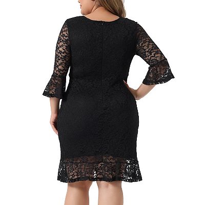 Plus Size Lace Wedding Guest Dresses for Women V Neck Ruffle Sleeve Cocktail  Midi Dress