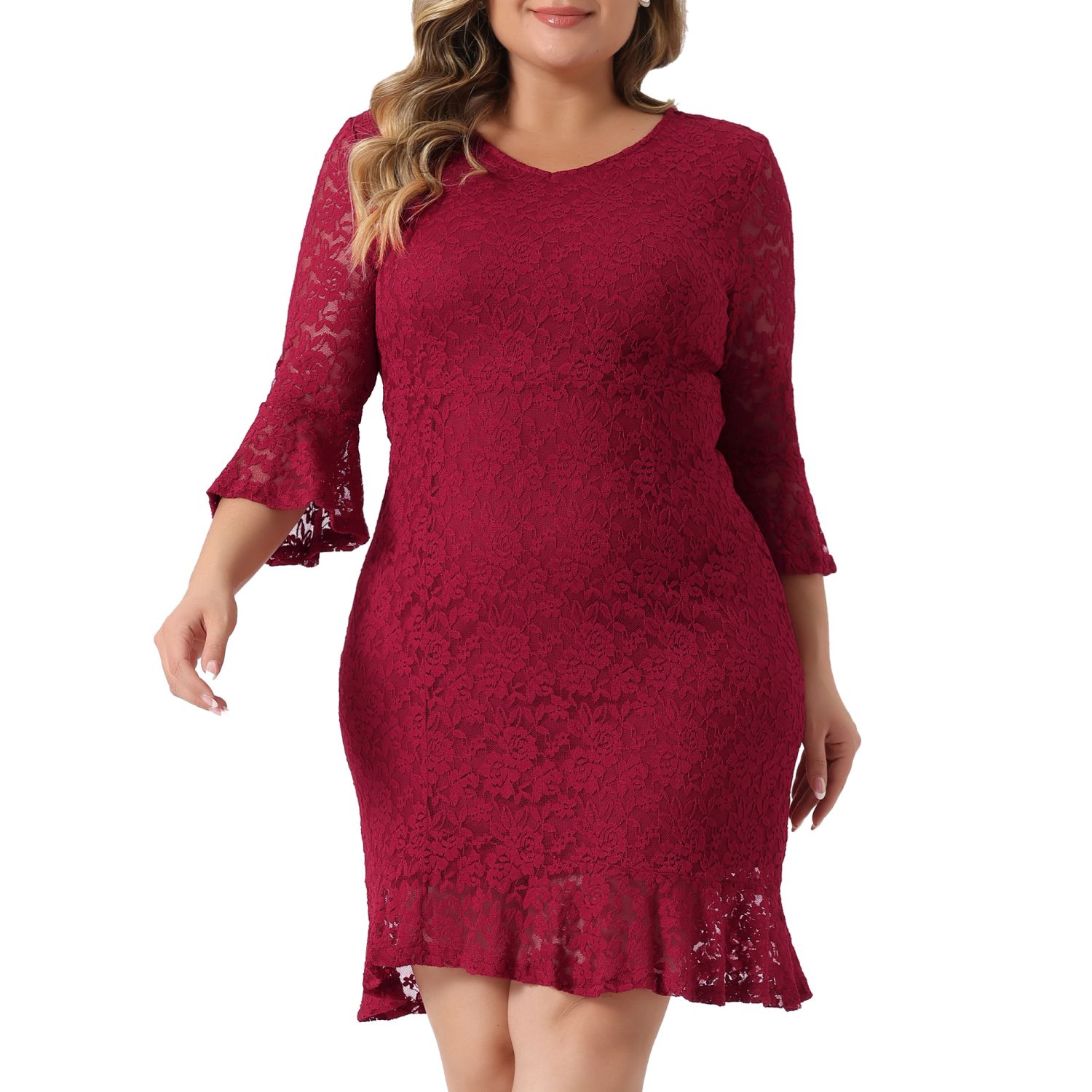 Plus Size Lace Dresses For Women V Neck Ruffle Sleeve Cocktail Wedding  Guest Midi Dress