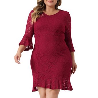 Plus Size Lace Dresses For Women V Neck Ruffle Sleeve Cocktail Wedding Guest Midi Dress