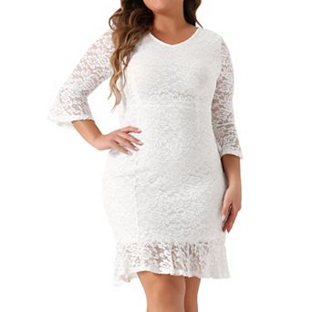 Plus Size Lace Dresses For Women V Neck Ruffle Sleeve Cocktail Wedding Guest Midi Dress