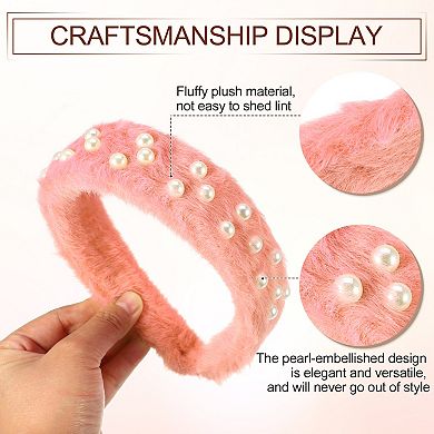 Fluffy Fuzzy Headband Solid Color Hair Band Faux Pearl Hair Bands