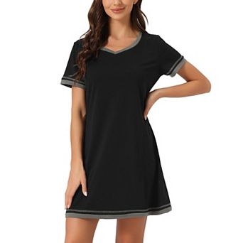 Women's Short Sleeve Nightshirt Contrast Color V Neck Nightgown Sleepdress