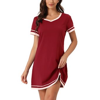 Women's Short Sleeve Nightshirt Contrast Color V Neck Nightgown Sleepdress
