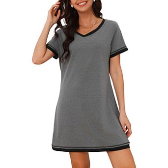 Women's Short Sleeve Nightshirt Contrast Color V Neck Nightgown Sleepdress