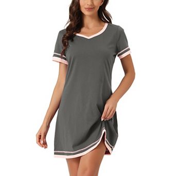 Women's Short Sleeve Nightshirt Contrast Color V Neck Nightgown Sleepdress