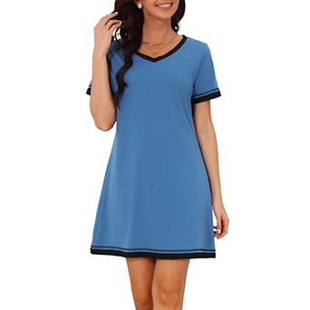 Women's Short Sleeve Nightshirt Contrast Color V Neck Nightgown Sleepdress