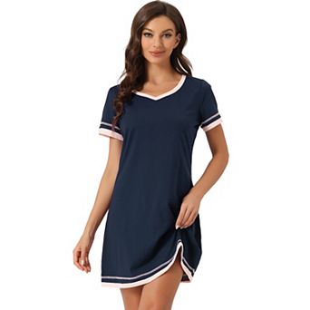 Women's Short Sleeve Nightshirt Contrast Color V Neck Nightgown Sleepdress