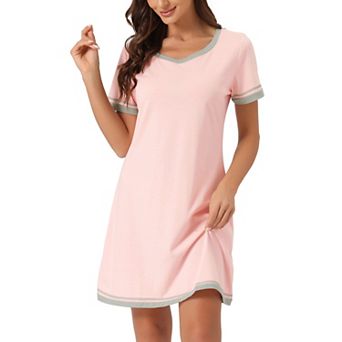 Women's Short Sleeve Nightshirt Contrast Color V Neck Nightgown Sleepdress