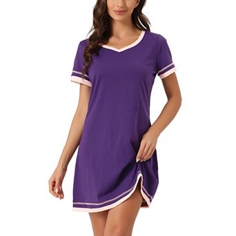 Women's Short Sleeve Nightshirt Contrast Color V Neck Nightgown Sleepdress