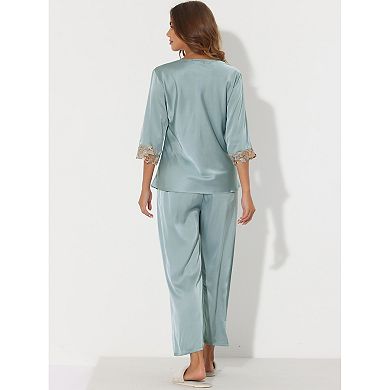 Women's Satin Pajama Set Half Sleeve Lace Trim with Long Pants 2 Piece Sleepwear Sets