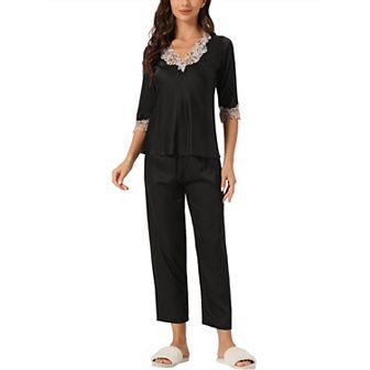 Women's Satin Pajama Set Half Sleeve Lace Trim with Long Pants 2 pc Sleepwear Sets