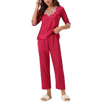 Women's Satin Pajama Set Half Sleeve Lace Trim With Long Pants 2 pc Sleepwear Sets