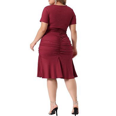 Plus Size Dress For Women Round Neck Short Sleeve Glitter Ruched Dresses