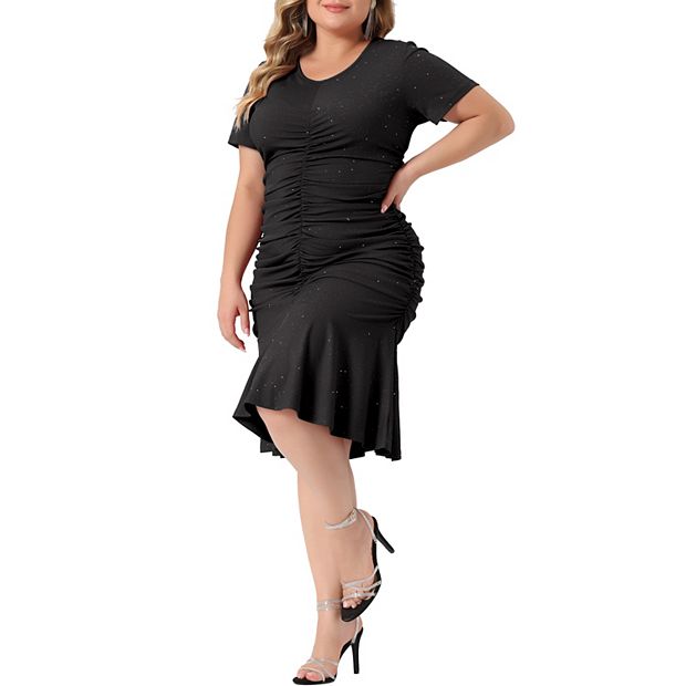 Plus Size Dress For Women Round Neck Short Sleeve Glitter Ruched Dresses