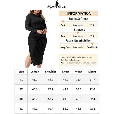 Plus Size Dress For Women Long Sleeve Crew Neck Side Slit Ruched Bodycon Dresses