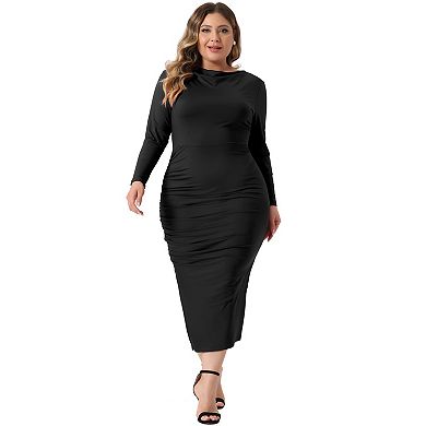 Plus Size Dress For Women Long Sleeve Crew Neck Side Slit Ruched Bodycon Dresses