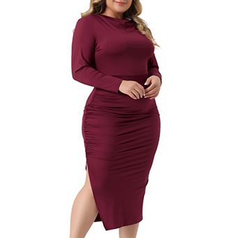 Plus Size Dress For Women Long Sleeve Crew Neck Side Slit Ruched Bodycon Dresses