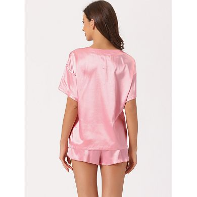 Women's Satin Pajama Set Spring Summer 2024 Short Sleeve Pullover T-shirt With Shorts Sleepwear