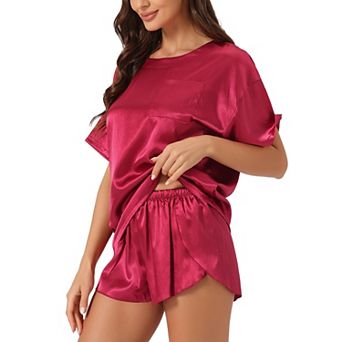 Women's Satin Pajama Set Spring Summer Short Sleeve Pullover T-shirt with Shorts Sleepwear