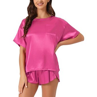 Women's Satin Pajama Set Spring Summer Short Sleeve Pullover T-shirt with Shorts Sleepwear