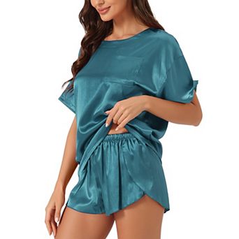 Women's Satin Pajama Set Spring Summer Short Sleeve Pullover T-shirt with Shorts Sleepwear