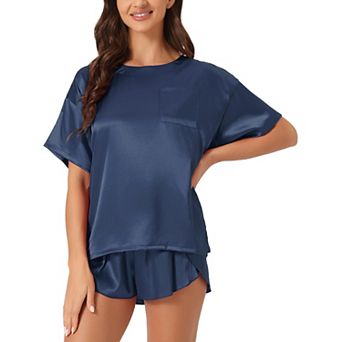 Women's Satin Pajama Set Spring Summer Short Sleeve Pullover T-shirt with Shorts Sleepwear