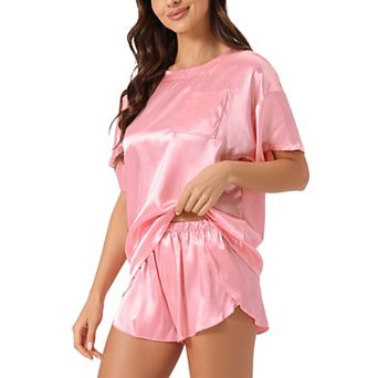 Women's Satin Pajama Set Spring Summer Short Sleeve Pullover T-shirt with Shorts Sleepwear