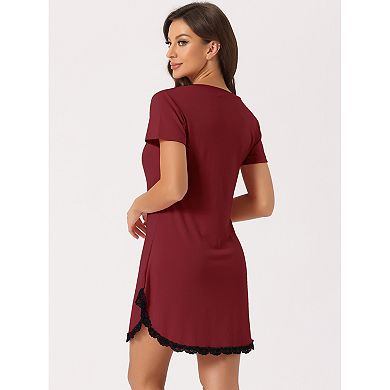 Women's Pajama Dress Lace Trim V-Neck Short Sleeves Lounge Nightgowns