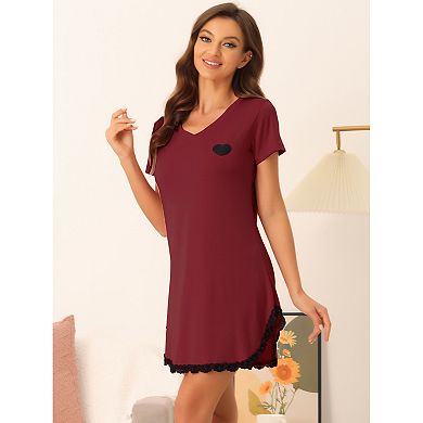 Women's Pajama Dress Lace Trim V-Neck Short Sleeves Lounge Nightgowns