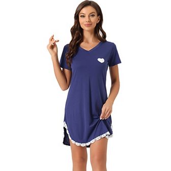 Women's Pajama Dress Lace Trim V-Neck Short Sleeves Lounge Nightgowns