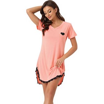 Women's Pajama Dress Lace Trim V-neck Short Sleeves Lounge Nightgowns